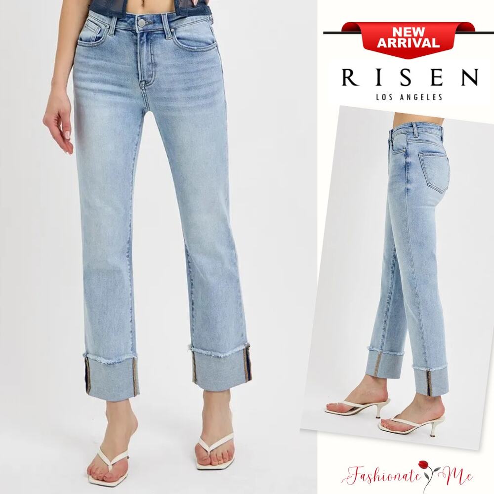 RISEN High Rise Waist Cuffed Hem Zip Fly Light Wash Relaxed Straight Denim Jeans